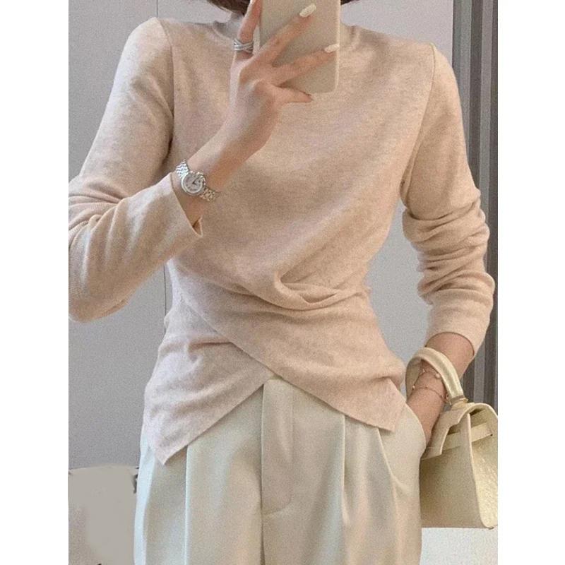 

Модный пуловер с полувысоким воротником крест-накрест, нерегулярный, женский свитер, весна-осень, однотонный, вязаный, с длинным рукавом, элегантный, повседневный, трикотажный топ, одежда One Size