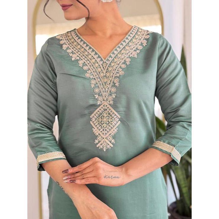 Damen Rayon Bestickter Gerader Kurta mit Hose und Dupatta Sets (Erhältlich in Übergröße)