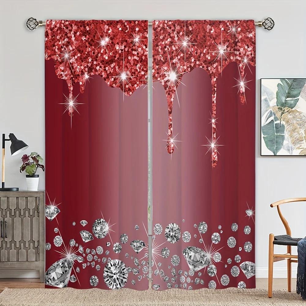 2pcs Shiny Silvery Water Drops Print Rod Pocket Curtains, Semi Blackout Decorative Curtains For Living Room Bedroom Office Home