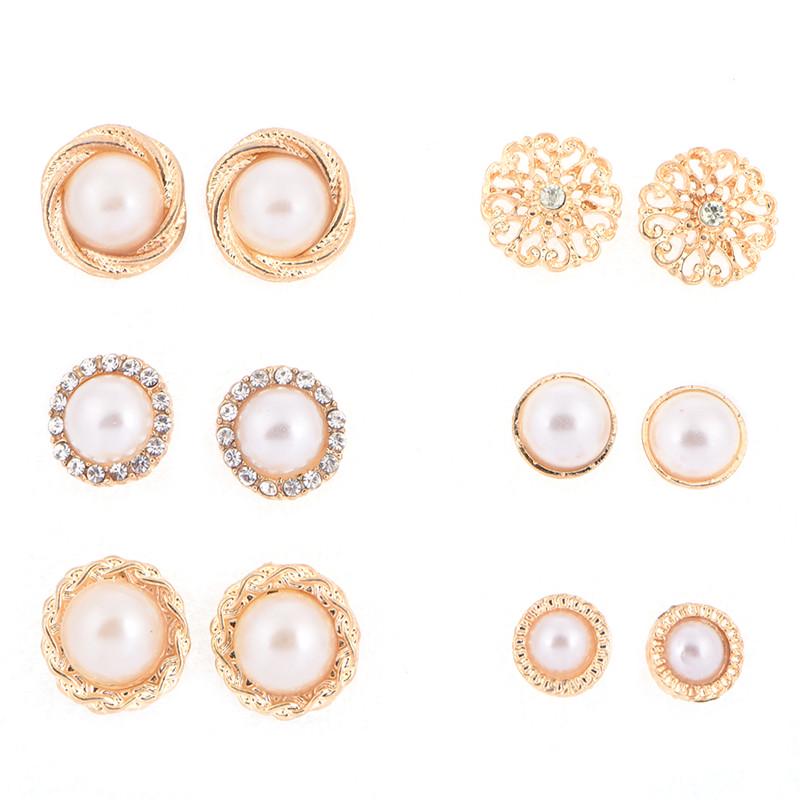 6Pairs/Set Rhinestone Crystal Pearl Earrings Ear Studs Earrings Elegant Jewelry