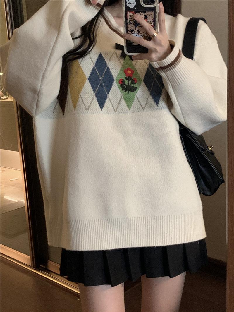 

Ретро-ромбический пуловер женский осенне-зимний с длинными рукавами и V-образным вырезом вязаный свитер свободный топ One Size