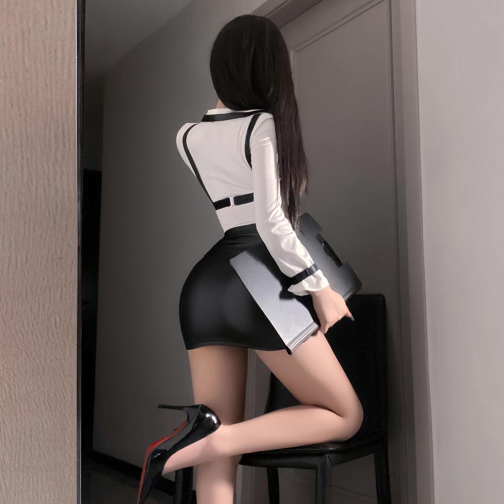 Sexy Secretary Office Lady OL Teacher Uniform Sheer Mesh Shirt Skirt Strap Outfit Cosplay Costume Temptation Exotic Mini Dress