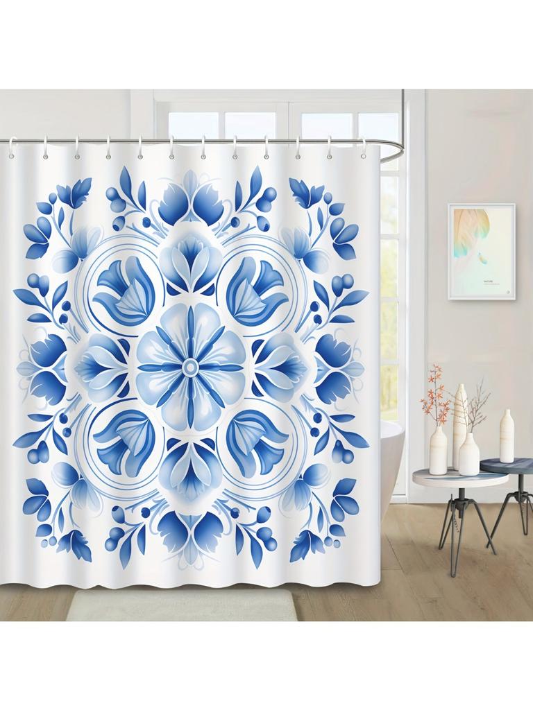Blue Floral Waterproof Shower Curtain, 100% Polyester, Machine Washable, Grommet Top, Hotel & Apartment