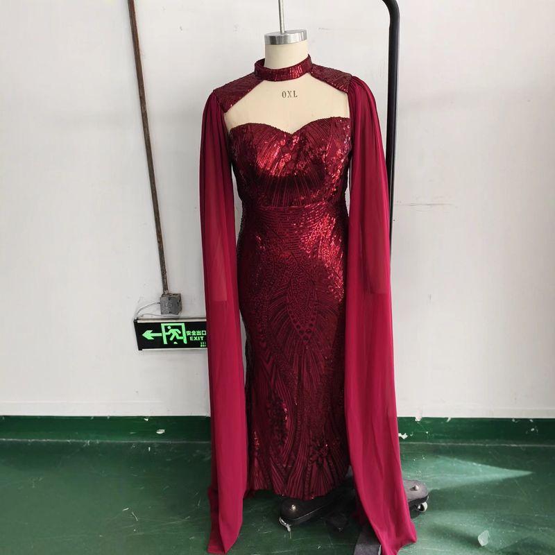 European and American Style Formal Dress Plus Size Women's New High-End Long-Sleeve Shawl Evening Gown with Sequins and Bodycon Design