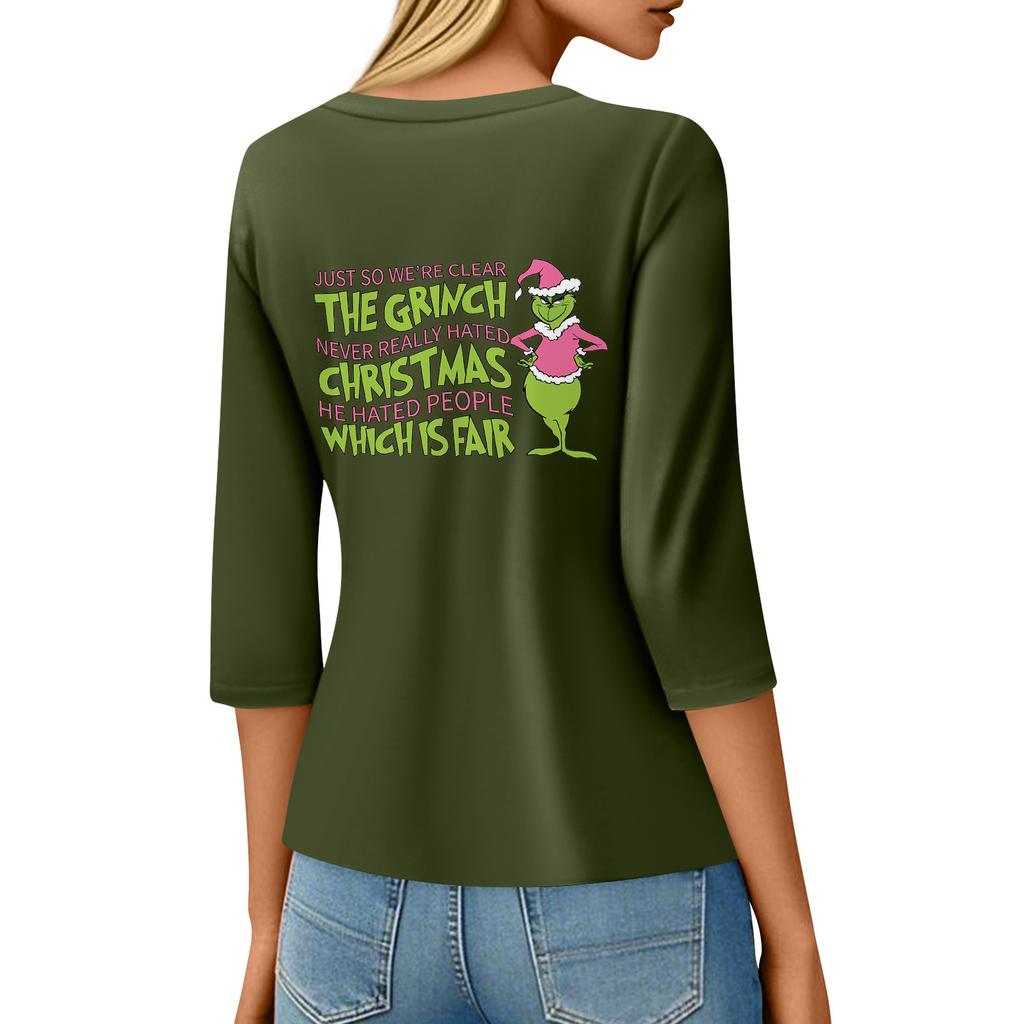 3/4 Sleeve Tops For Women T-Shirt Casual Christmas Print Tops T Shirt Round Neck Pullover Blouse