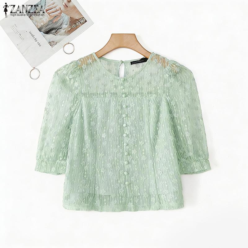 ZANZEA Damen Casual Hollow Lace Patchwork Sommer 3/4 Ärmel Bluse