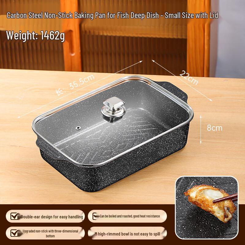 JINMEILI Carbon Steel Rectangular Fish Grill Plate with Tempered Glass Lid