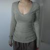 Ripp-V-Ausschnitt Langarm Enganliegendes Strickoberteil für Damen