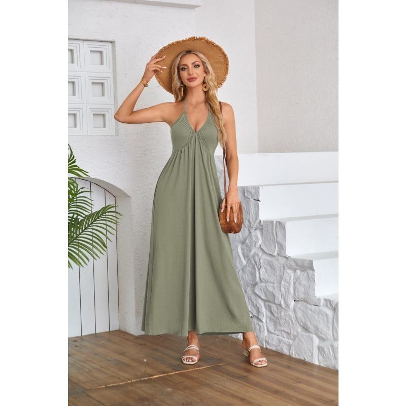Fashion Sleeveless Party Sexy Dress Women Summer Clothing Backless Solid V-neck Loose Casual Dress Office Lady Elegant Pleated A-line Dresses 1077