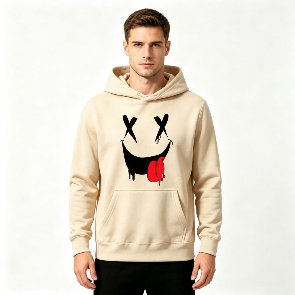 Men's Graphic Print Pullover Hoodie, Funny X Eyes Dripping Smile Pattern Casual Long Sleeve Sweatshirt