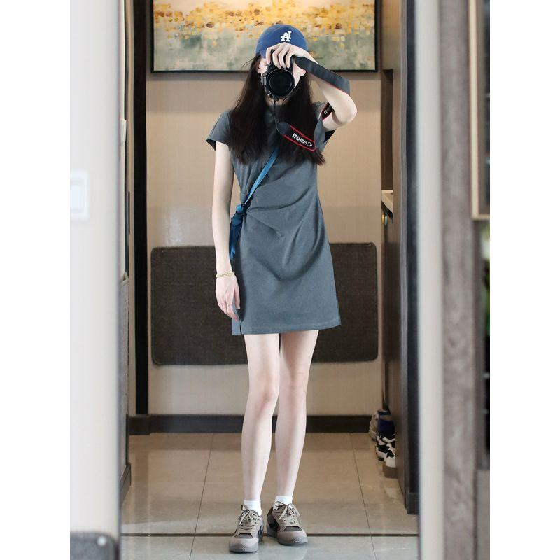 

Plus size Super Slimming Casual Short sleeve Dress Women Summer round Neck Design Sense Pleated T-shirt Short dress Black Dress Gathered Waist Gray Skirt S