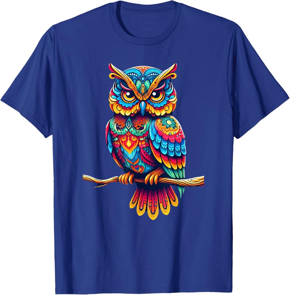 Colorful Psychedelic Owl Perched on Branch Graphic T-Shirt Casual Cotton Tee for Men