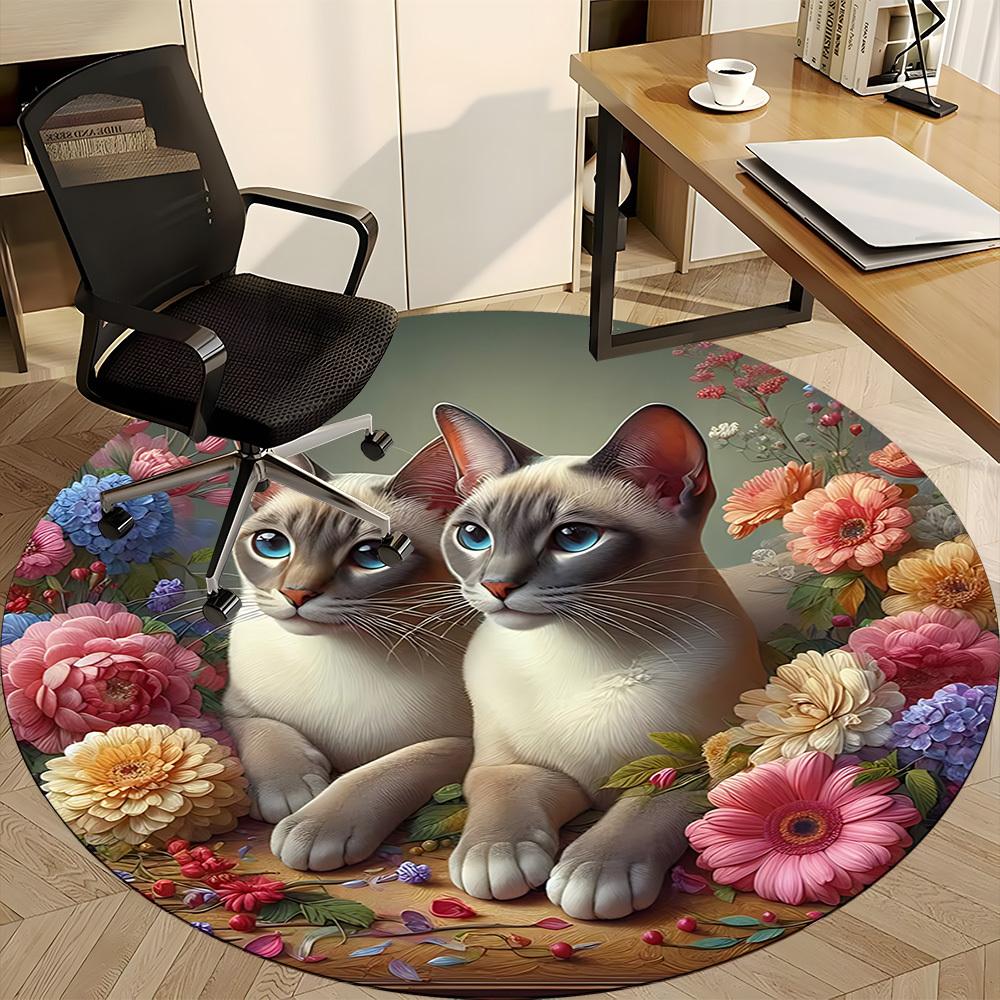 1pc Cats Flowers Office Round Rug, Carpet for Office, Gaming, Lightweight Round Floor Mat yy260205063