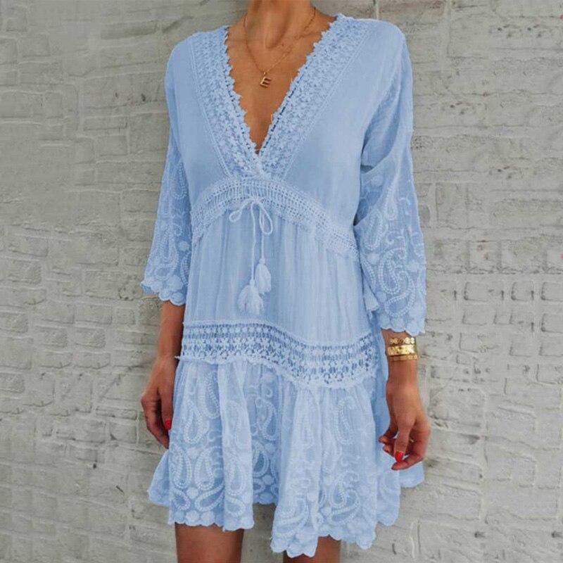 Elegante effen mini-jurk met uitlopende mouwen Dames Losse kwastkoord Strandjurken Zomer Vintage Vakantie Borduurwerk Damesjurk