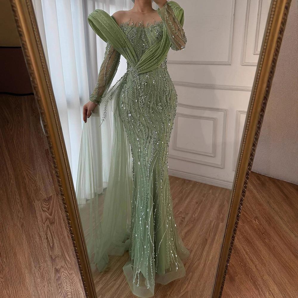 Serene Hill Sage Green Long Sleeve Fish Tail, Slim Temperament Banquet Host Evening Dress LA11918