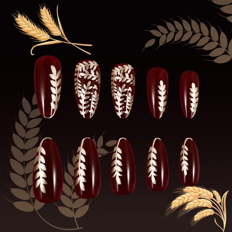 24 Pcs Valentines Day Press On Nail Short Almond False Nail Wheat Acrylic Nail Full Cover Stick on Nail for Women
