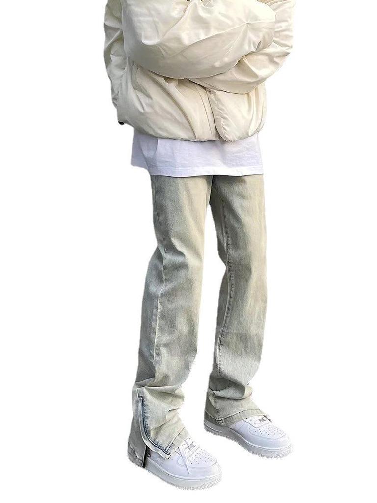 Men's Retro Yellow Distressed Washed Flare Jeans