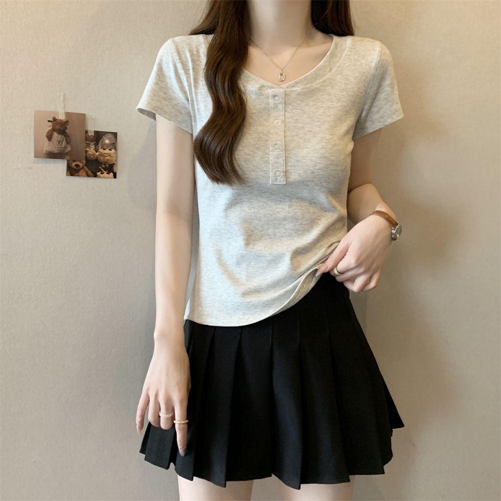 

Korean Minimalist Short Sleeve Button T-Shirt for Women - 2025 Chic Slim Fit Design XL білий/сірий колір