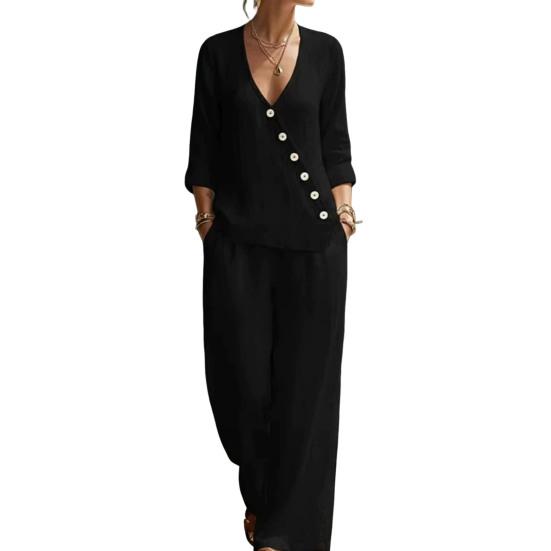 

Women s Summer 2 Piece Sets Casual Half Sleeve V Neck Buttons Top And Wide Leg Pants Lounge Outfits with S чорний
