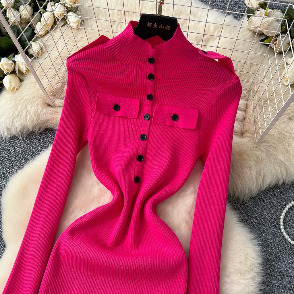 Φθινοπωρινό Χειμωνιάτικο Γυναικείο Κομψό Πλεκτό Πουλόβερ με Όρθιο Γιακά Εργασία Γραφείου Μακρύ Μίντι Στενό Φόρεμα Σωλήνας