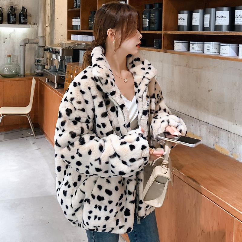 New Zipper Leopard Print Fur Stand-up Collar Jacket Autumn and Winter Medium and Long Imitation Rabbit Fur Women's Clothing Thickened Warm Fur Top