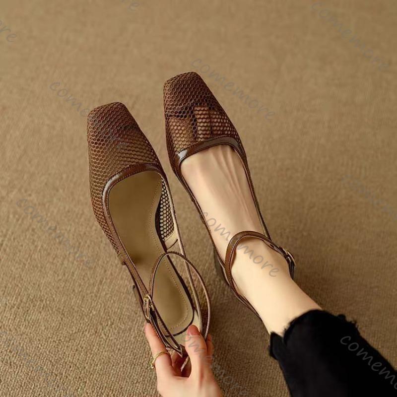 Fashion Comemore Summer Sandals Cover Toe Mesh Sandals for Women Chunky Heels Sandals Fashion Hollow Out Ladies Shoes Office Women Shoes