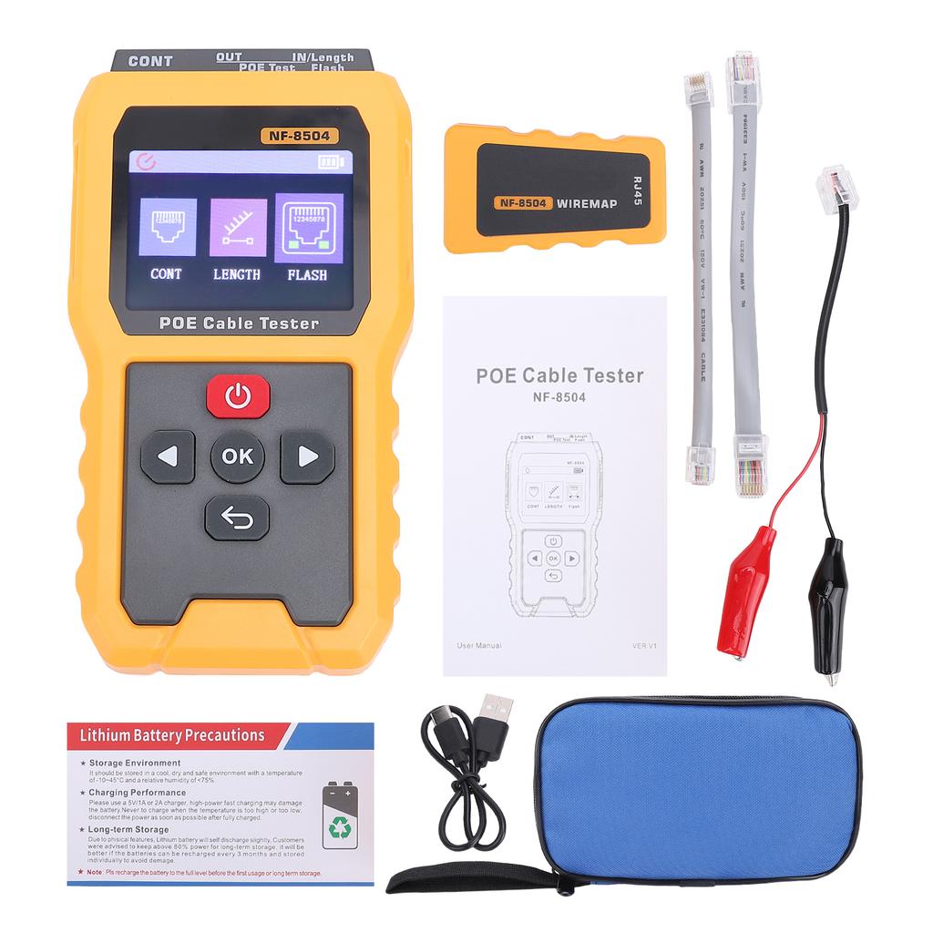 PoE Cable Tester, 2.4  Screen Ethernet Cable Tester with Port Flash, Cable Length Measurement, Continuity Test, Power