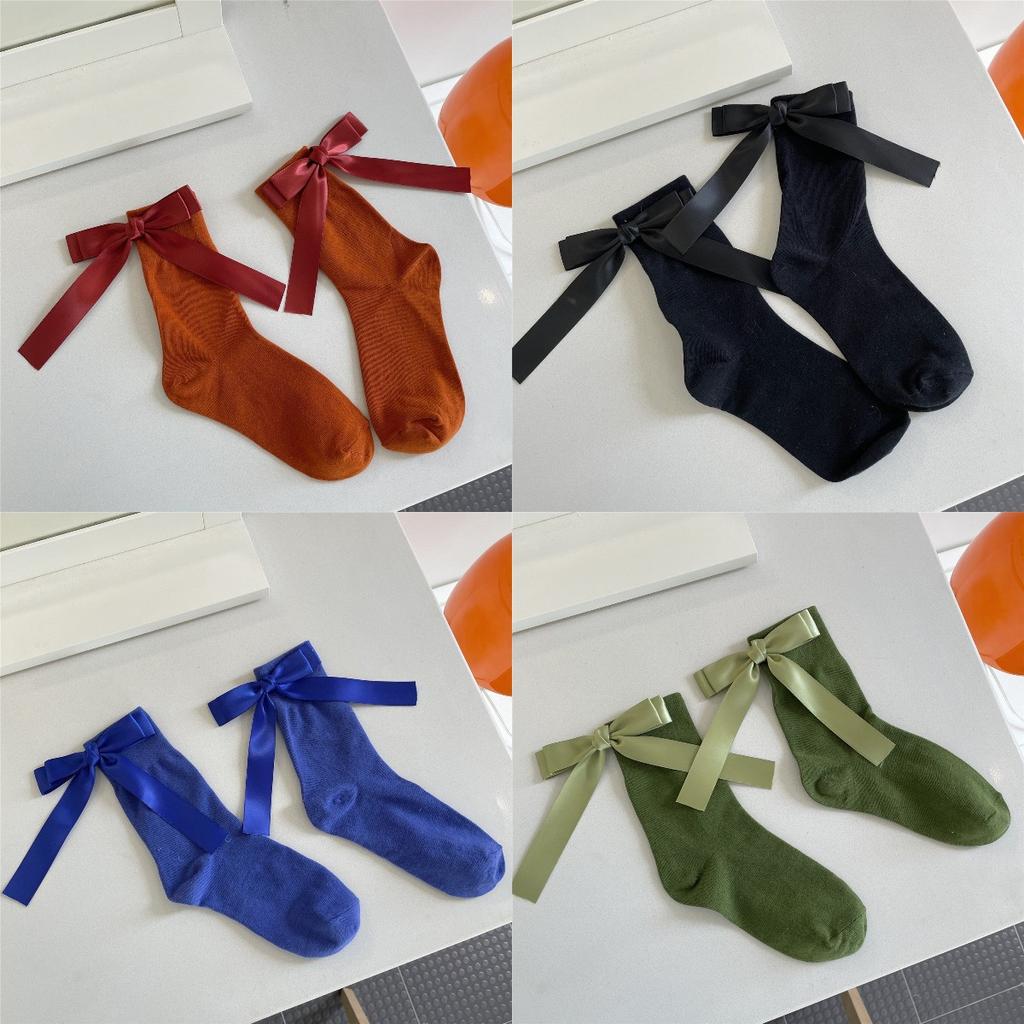 Harajuku Sweet Bowknot Kawaii Socks Women Spring Summer Y2k JK Lolita Cute Solid Socks Japanese Style Women Girls Middle Tube Preppy Socks