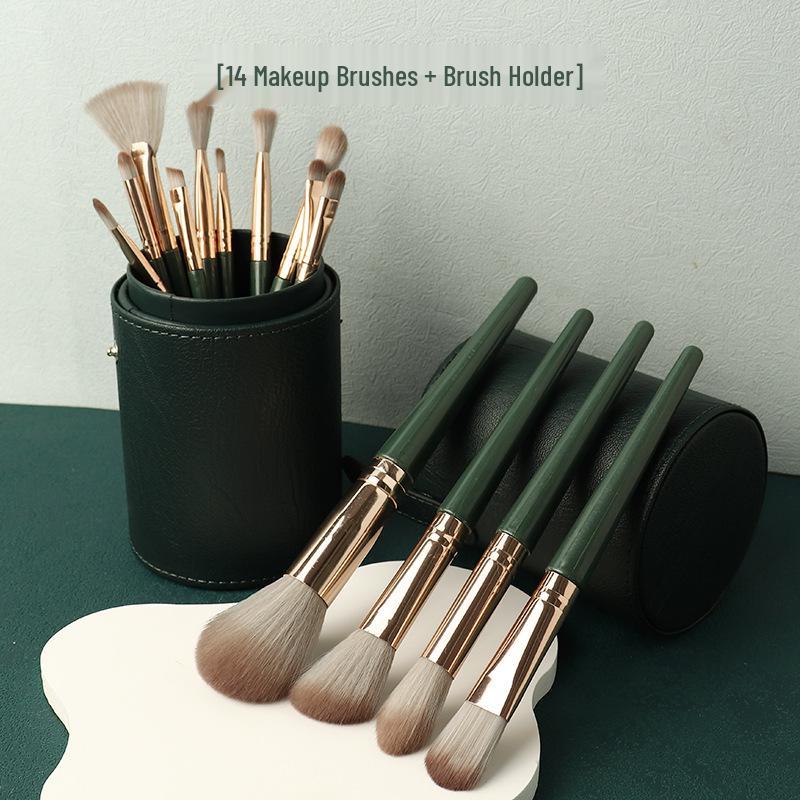 14-Piece Green Makeup Brush Set with Soft Bristles – Includes Powder, Foundation, and Blush Brushes.