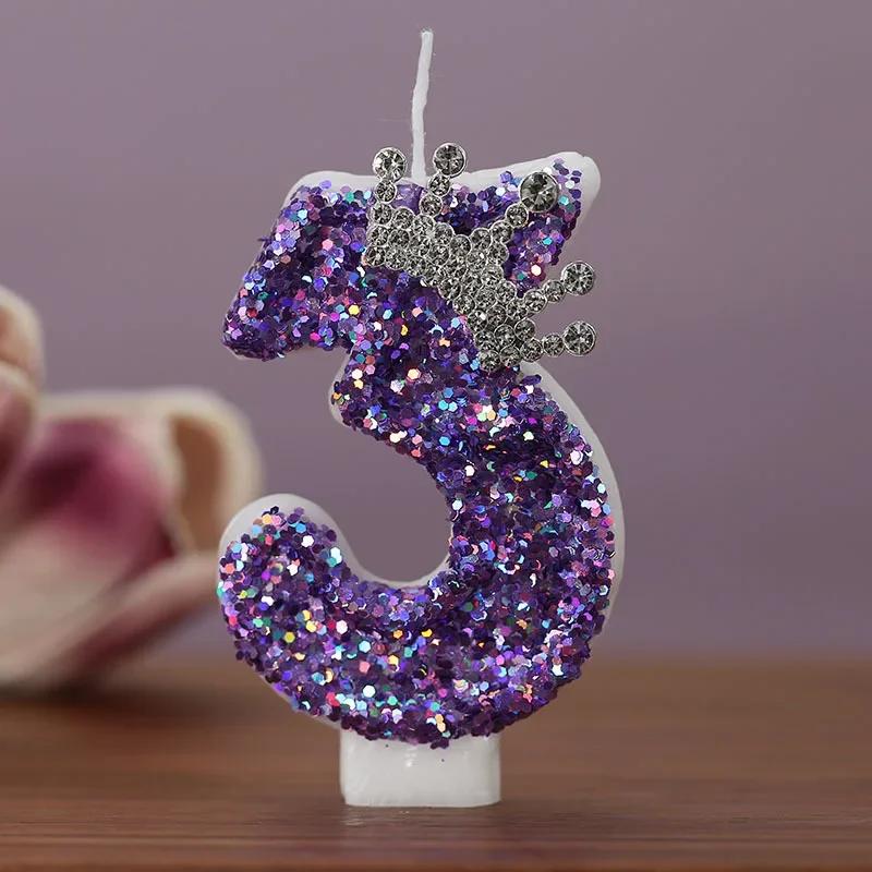 Children's Birthday Candles 0-9 Number Purple Crown Princess Cake Decorative Candle for Cake Decoration Anniversary Party