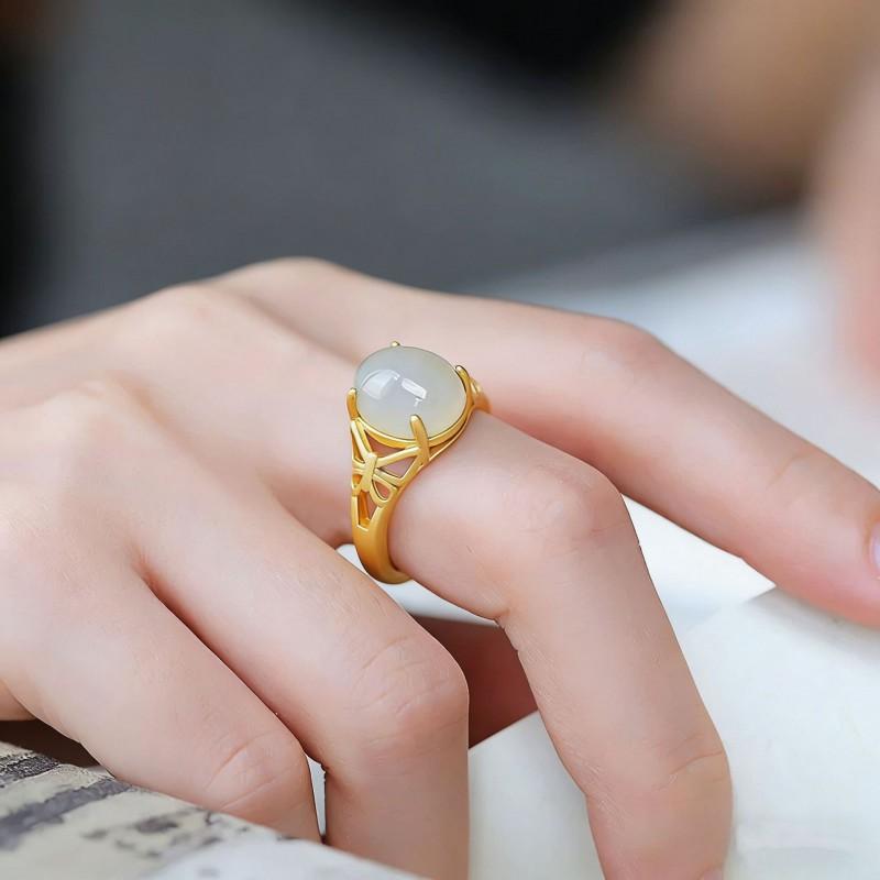 Adjustable Open Ring Women Men Copper Gold Plated Jade Butterfly Filigree Vintage Boho Jewelry