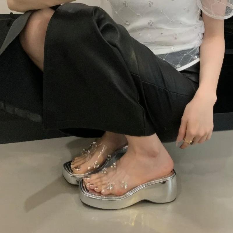 Fashion Women Shoes Diamond Transparent Slippers Women Solid Platform Wedges Shoes Women's Sandals Summer Square Toe High Heels Sandals