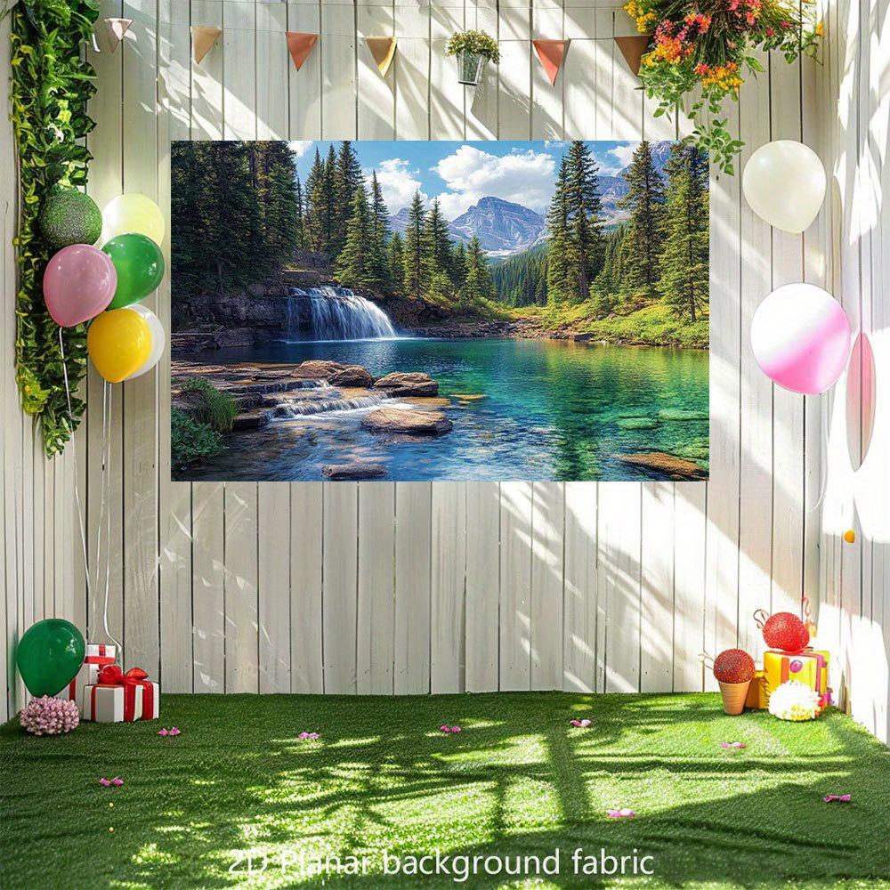 Mountain Lake Waterfall Tapestry - Realistic Evergreen Forest & Cascading Falls Wallpaper, Self-Adhesive Backdrop for Living Roo