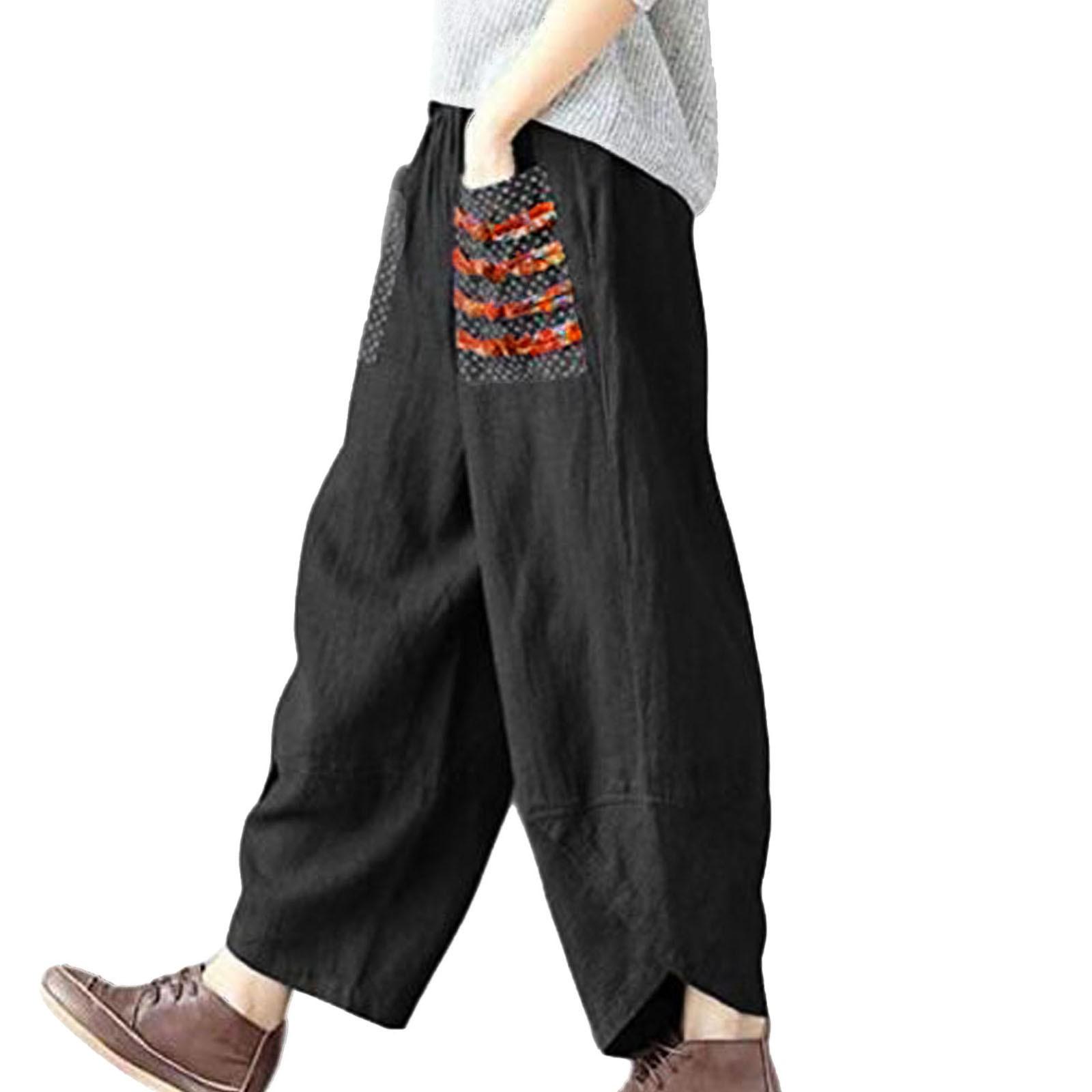 

(проектор)Женские летние повседневные свободные широкие брюки из хлопка и льна с вышивкой L чёрный