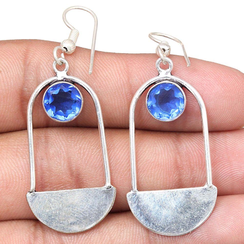 Tansanit-Quarz-Edelstein, handgefertigte Silberschmuck-Ohrringe, 3,8 cm