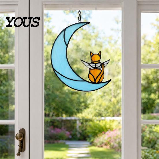 Decorative Hanging Ornament Acrylic Cat Pendant with Chain, Animal for Window Crescent Wall Decor, Cute Lover Gift Home Room Decoration Light