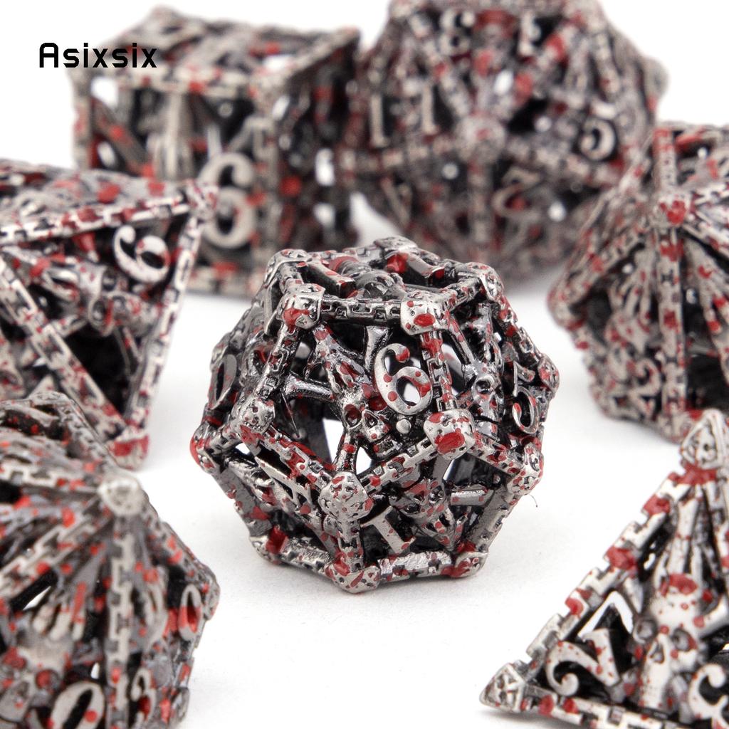 7 st Silver Röd Hand Dödskalle Huvud Metall Tärningar Ihåliga Metall Polyedriska Tärningsset Lämpligt för Rollspel RPG Brädspel Kortspel