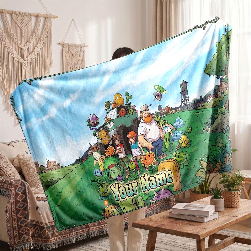 Plants vs. Zombie Personalized Flannel Blanket, Custom Printed Text Name, Warm Soft Blanket For Couch Bed