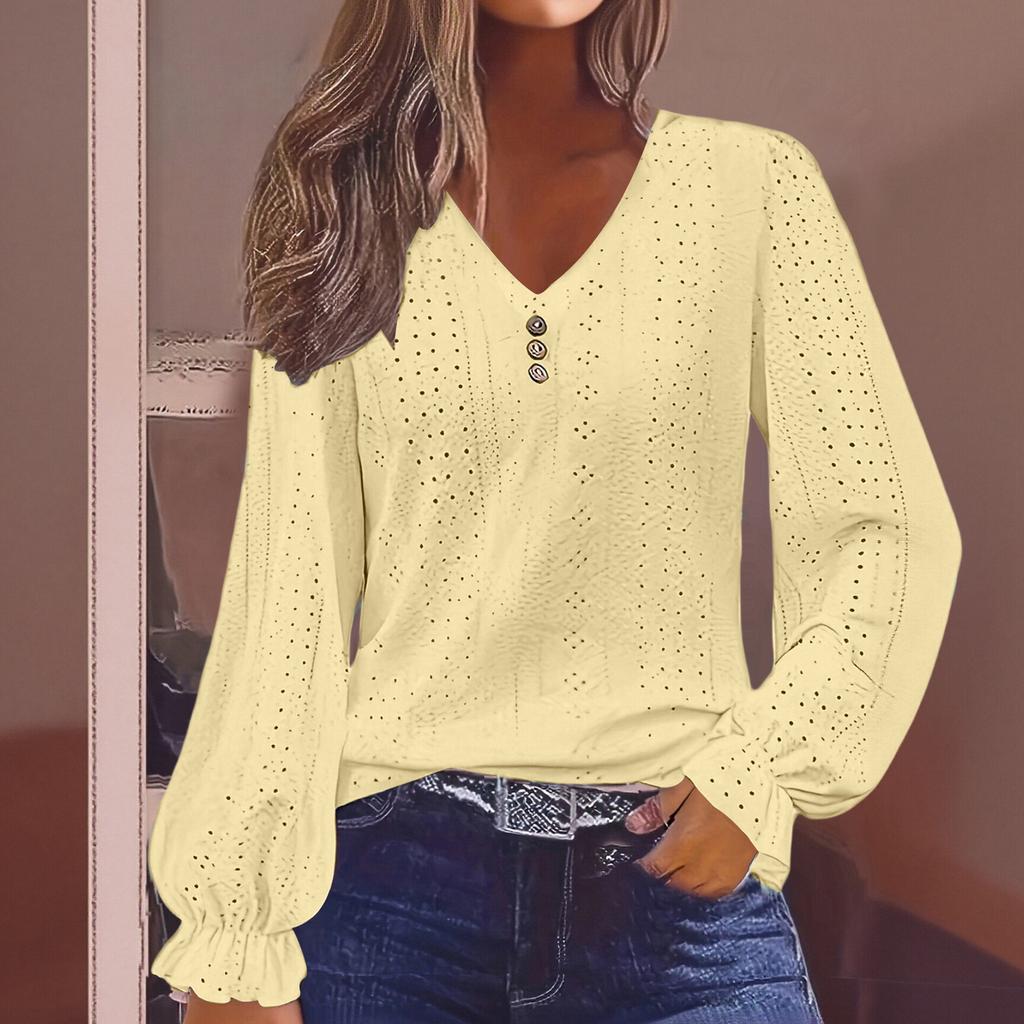 Women's V-neck T-shirt With Spring  Hollow Out Casual Pleated Sleeve Top