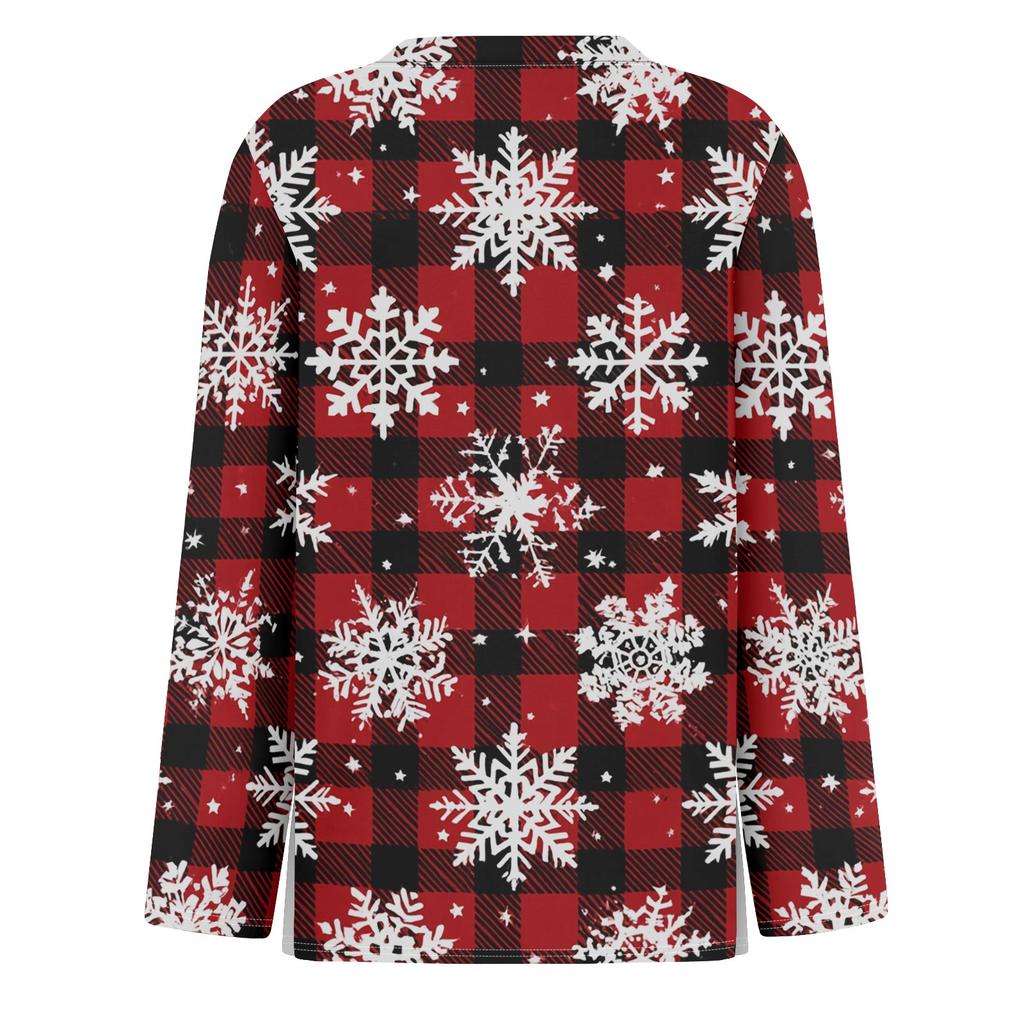 Women's Christmas Print Long Sleeve Top with Round Neck and Side Slit