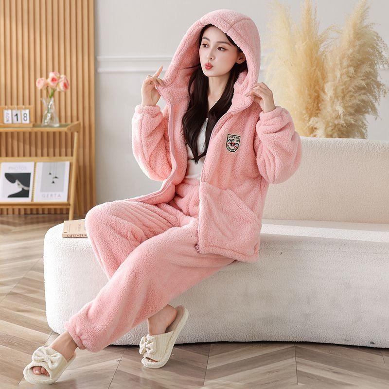 Womens Coral Fleece Pajama Set With Hooded Top Long Pants Warm Thick Soft Lounge Wear Home Or Light Outdoor Use