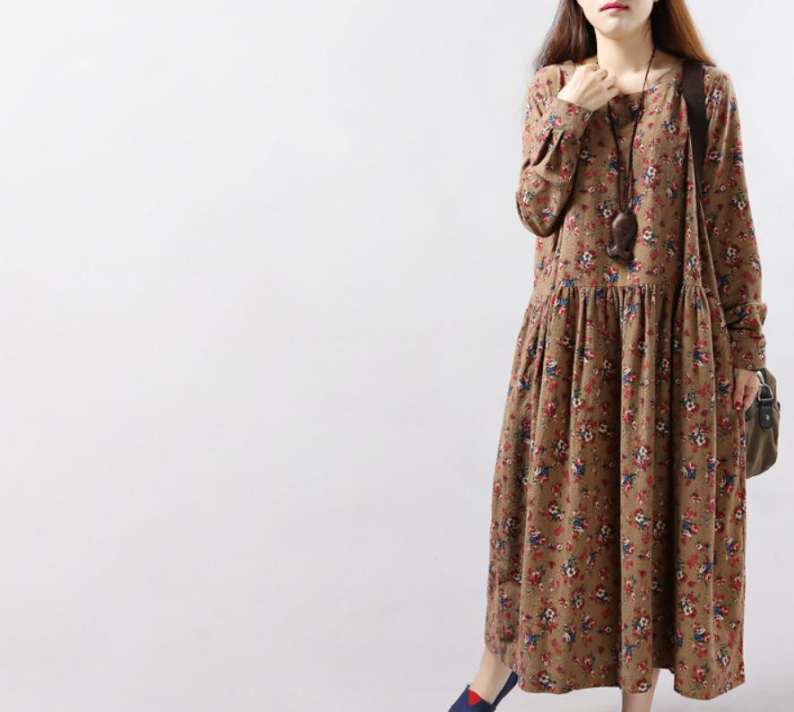 Fashion Women's Casual V-Neck Printed Long Sleeve High Waist Printed Dress