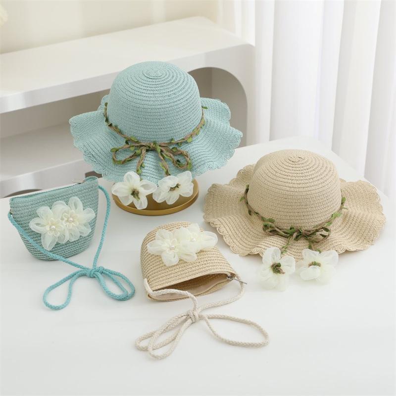 Straw Hat 2pcs Suit Cute and Shoulder Bag Girls Cartoon Bear Children Sun Hat Bag Set Spring Beach Hats For BoyGirl Kid Brim Cap