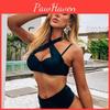 Triangle Split Women Bikini Oversize Set Tie Side Gstring Thong Swimsuit Bandage Halter Black Solid Color