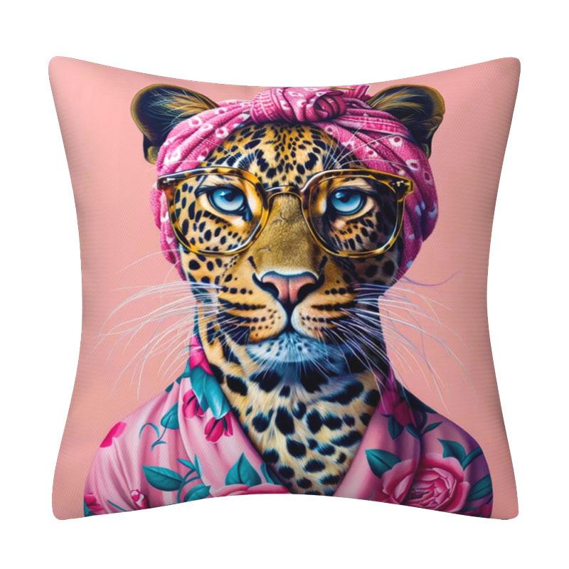 Stylish Dapper Leopard In Purple Pinstripe Suit & Floral Hat – Decorative Throw Pillow Case Cotton Linen Cushion Cover