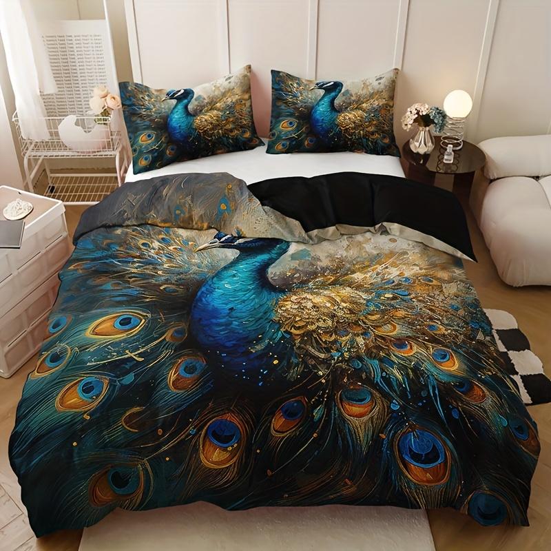 3pcs Duvet Cover Set, 1 Duvet Cover + 2 Pillowcases (No Inserts), Home & Dormitory High-Definition Printed Golden Peacock Floral