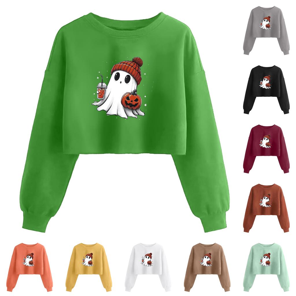 Women's Fashion Halloween Printed Navel-Exposed Long Sleeve Pullover Sweatshirt