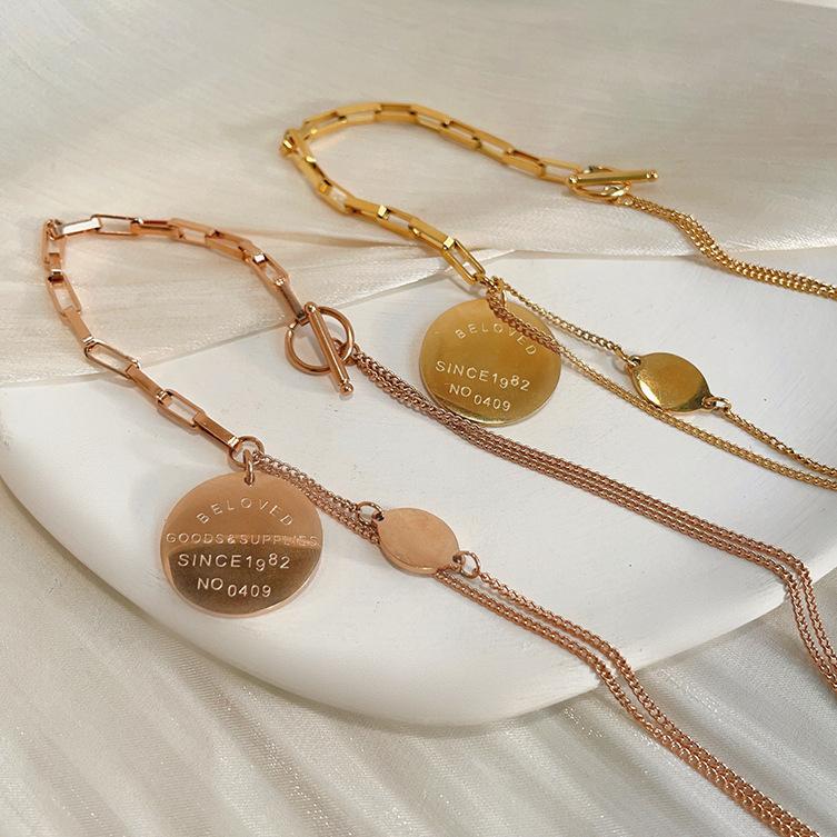 Retro Light Luxury Rose Gold Double-Layer Ot Buckle Round Brand Necklace Niche Sweater Chain Autumn And Winter Collarbone Chain