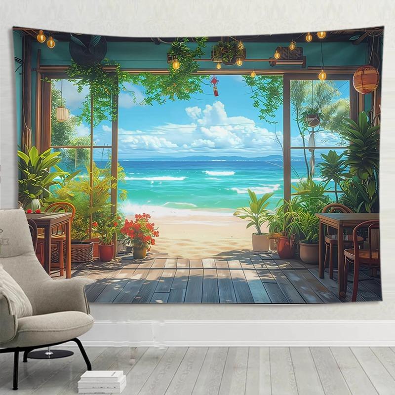 Hanging Wall Tapestry with Quiet Scenery by the Sea, Coastal Decoration for the Living Room, Fabric Art Overlooking the Ocean for the Home, Inspired