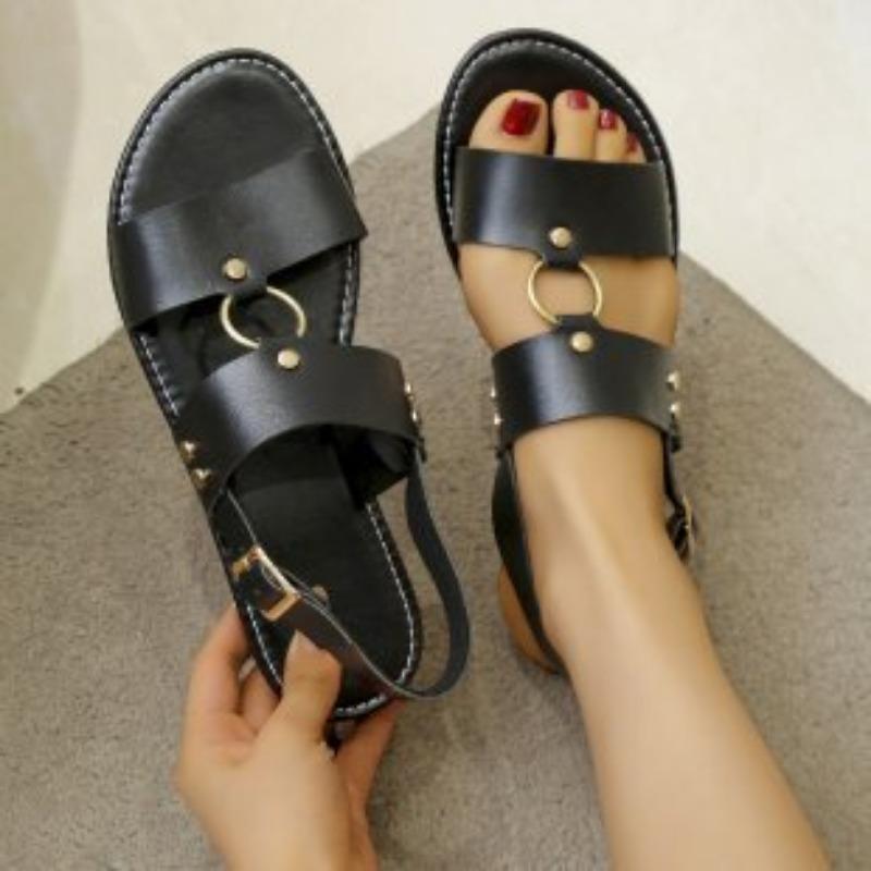 One Line Buckle Sandals for Women In Spring 2026, New Size 43 Sandals, Flat Bottomed Round Toe Beach Sandals for Women